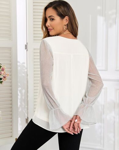 Women's Long Sleeve Tops Dressy Casual V Neck Loose Chiffon Blouse Elegant Shirts in Saudi Arabia