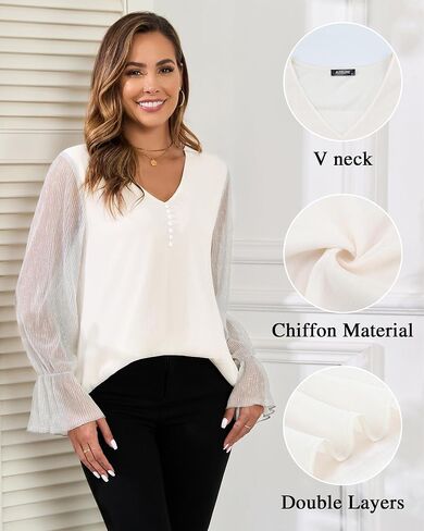 Women's Long Sleeve Tops Dressy Casual V Neck Loose Chiffon Blouse Elegant Shirts in Saudi Arabia