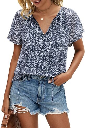 Mansy Women's Casual Floral Print V Neck Ruffle Short Sleeve Summer Shirts Tops Loose Blouses in Kuwait