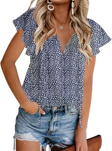 Mansy Women's Casual Floral Print V Neck Ruffle Short Sleeve Summer Shirts Tops Loose Blouses in Kuwait
