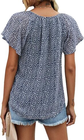 Mansy Women's Casual Floral Print V Neck Ruffle Short Sleeve Summer Shirts Tops Loose Blouses in Kuwait