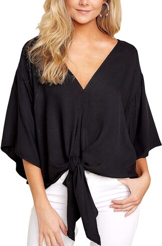 Women's Casual Floral Blouse Batwing Sleeve Loose Fitting Shirts Boho Knot Front Tops in Kuwait