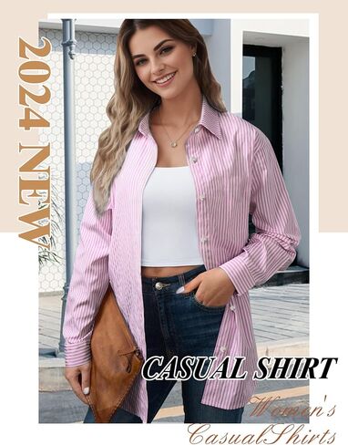 Womens Button Down Shirt Stripes, Long Sleeve Loose Fit Blouses for Womens, Oversized Blouses Tops Casual Dressy Tops in Kuwait