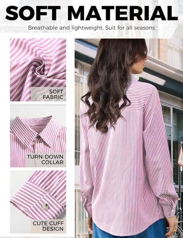 Womens Button Down Shirt Stripes, Long Sleeve Loose Fit Blouses for Womens, Oversized Blouses Tops Casual Dressy Tops in Kuwait