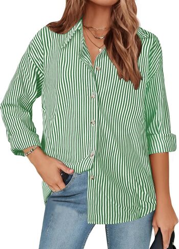 Womens Button Down Shirt Stripes, Long Sleeve Loose Fit Blouses for Womens, Oversized Blouses Tops Casual Dressy Tops in Kuwait