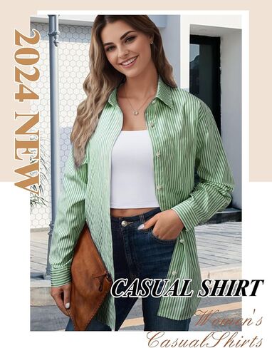 Womens Button Down Shirt Stripes, Long Sleeve Loose Fit Blouses for Womens, Oversized Blouses Tops Casual Dressy Tops in Kuwait
