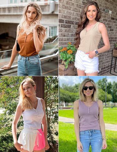 MEROKEETY Womens V Neck Tank Tops Summer Sleeveless Ribbed Button Casual Henley Shirts in Kuwait