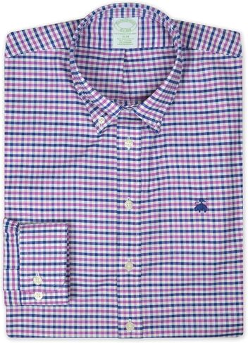 Brooks Brothers Mens Slim Fit Oxford Cotton Blend Mixed Gingham Plaid Embroidered Dress Shirt, (Large, 206079 Berry Pink/Blue) in Saudi Arabia