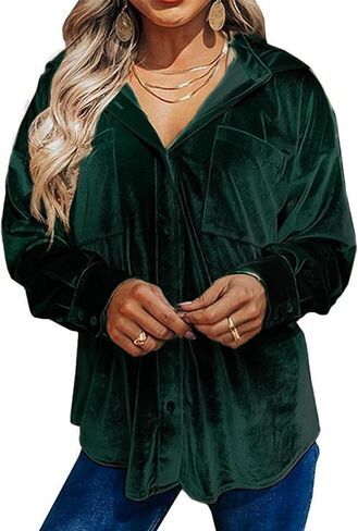 Kedera Womens Velvet Long Sleeve Button Down Shirt Jacket Retro Blouse Lapel Tunic Tops in Kuwait