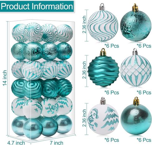 Christmas Ornaments Shatterproof Balls Decorations - 36pcs Teal Ornaments for Xmas Tree Small Christmas Baubles Set, 2.36inches | 60mm in Saudi Arabia