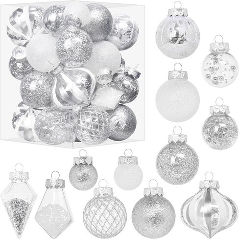 Christmas Ball Ornaments Set, 34PCS Clear Plastic Shatterproof Christmas Ornaments for Xmas Tree Hanging Decorations, for Indoor Home Thanksgiving Party Decor - Champagne/White. in Saudi Arabia