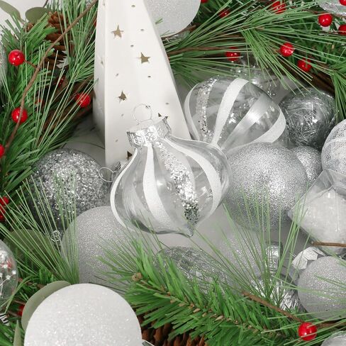 Christmas Ball Ornaments Set, 34PCS Clear Plastic Shatterproof Christmas Ornaments for Xmas Tree Hanging Decorations, for Indoor Home Thanksgiving Party Decor - Champagne/White. in Saudi Arabia