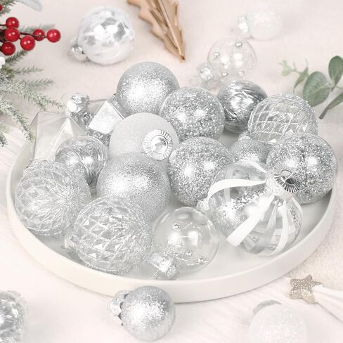 Christmas Ball Ornaments Set, 34PCS Clear Plastic Shatterproof Christmas Ornaments for Xmas Tree Hanging Decorations, for Indoor Home Thanksgiving Party Decor - Champagne/White. in Saudi Arabia