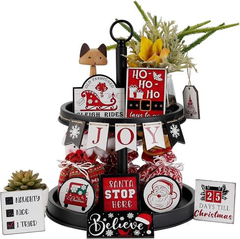 17 Pcs Rustic Santa Claus Christmas Tiered Tray Decorations Set Christmas Wooden Signs Joy Tiered Tray Decor Table Signs for Joy Christmas Winter Table Centerpieces Home Decorations in Saudi Arabia