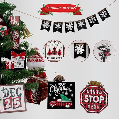 17 Pcs Rustic Santa Claus Christmas Tiered Tray Decorations Set Christmas Wooden Signs Joy Tiered Tray Decor Table Signs for Joy Christmas Winter Table Centerpieces Home Decorations in Saudi Arabia