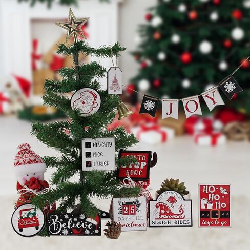 17 Pcs Rustic Santa Claus Christmas Tiered Tray Decorations Set Christmas Wooden Signs Joy Tiered Tray Decor Table Signs for Joy Christmas Winter Table Centerpieces Home Decorations in Saudi Arabia