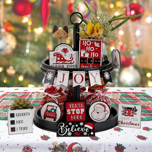 17 Pcs Rustic Santa Claus Christmas Tiered Tray Decorations Set Christmas Wooden Signs Joy Tiered Tray Decor Table Signs for Joy Christmas Winter Table Centerpieces Home Decorations in Saudi Arabia