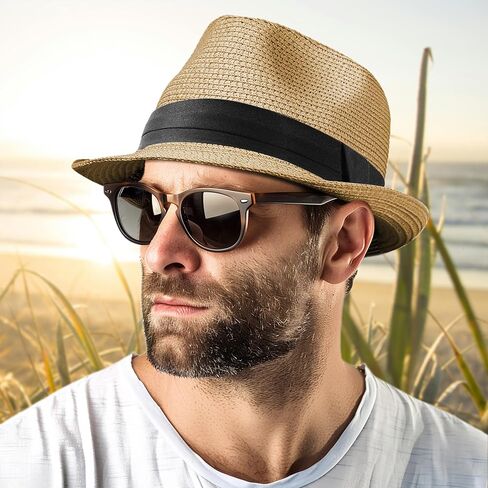 Straw Fedora Hat for Women Men Packable Short Brim Roll Up Trilby Hat Panama Summer Beach Sun Hat UPF 50+ in Kuwait