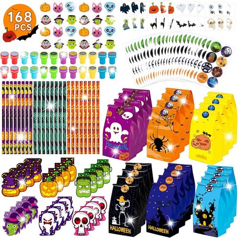 168PCS Halloween Party Favor Goodie Bag Bulk for Kids, Halloween Stationery Set, Trick or Treat Toys including Pencil, Eraser, Notepad, Stamper, Halloween Bag, Stickers and Temporary Tattoos in Kuwait