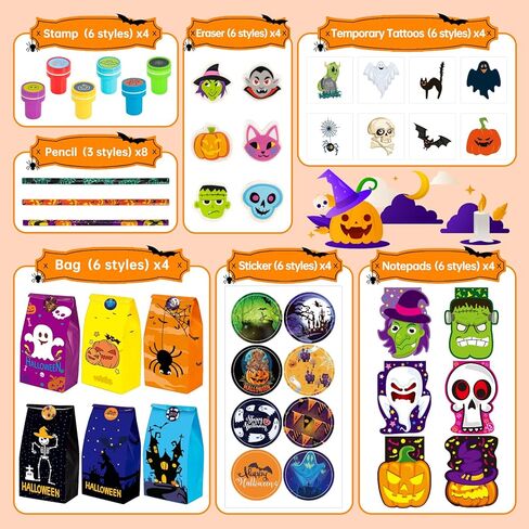 168PCS Halloween Party Favor Goodie Bag Bulk for Kids, Halloween Stationery Set, Trick or Treat Toys including Pencil, Eraser, Notepad, Stamper, Halloween Bag, Stickers and Temporary Tattoos in Kuwait
