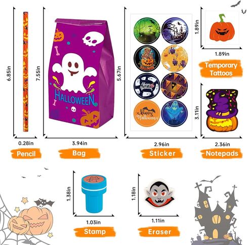 168PCS Halloween Party Favor Goodie Bag Bulk for Kids, Halloween Stationery Set, Trick or Treat Toys including Pencil, Eraser, Notepad, Stamper, Halloween Bag, Stickers and Temporary Tattoos in Kuwait