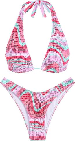 ZAFUL Women's Triangle Bikini Multiway Floral Tie Side Bandeau Halter String Bikini Set Two Piece Swimsuit Bathing Suits in Saudi Arabia