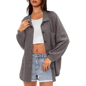 Darong Women's Loose Fit Batwing Sleeve Ribbed Knit Button Down Shirt Shacket Boyfriend Shirt Jackets Tops