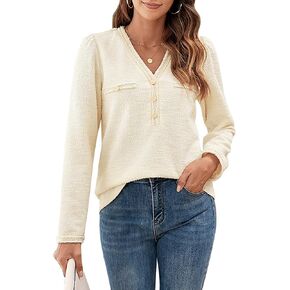 Women's Long Sleeve Shirts Dressy Casual Fall Winter Fahion Tweed Tops Decor Button 2024 Trendy V Neck Work Blouses