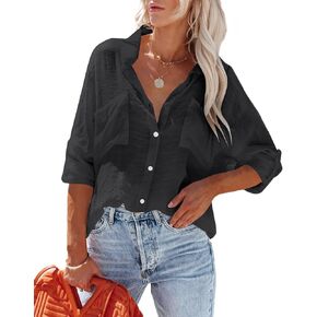 Womens Button Down Shirts Cotton Roll-up Long Sleeve Blouses Top with Pockets V Neck Casual Solid Tunics