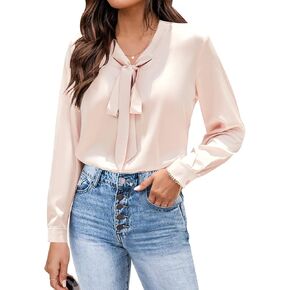 Chigant Blouses for Women Satin Silk Tops Long Sleeve Bow Tie Neck Shirt Office Work Clothes