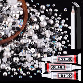 9000PCS Flatback Pearls and Rhinestones for Crafting, Pink White 3-10mm Resin Rhinestones and Half Pearls for Bedazzling, Nail Art and Dec with 3pcs B7000 Jewelry Glue, Tweezer and Pickup Pencil