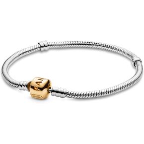PANDORA Logo Barrel Clasp Snake Chain Bracelet - Two-Tone Charm Bracelet for Women - Compatible Moments Charms - Sterling Silver Gold - Gift for Her, With Gift Box
