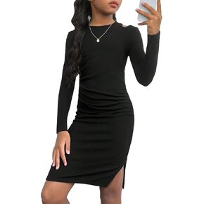 OYOANGLE Girl's Crew Neck Long Sleeve Cut Out Dress Split Side Knitted Solid Bodycon Short Dresses