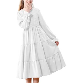 Neutocd Girls Dresses Long Sleeve Crewneck Tiered A Line Midi Dress Smocked Ruffle Flowy Fall Winter Dresses for Girls