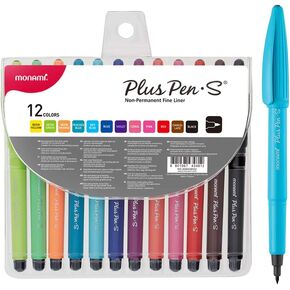 MONAMI Plus Pen S Felt Tip Pens, Fine Point (0.4mm) Drawing/Writing/Calligraphy/Doodling, Assorted Colors, 12-Pack