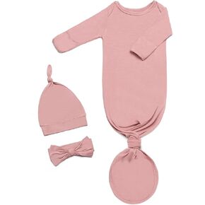Newborn Baby Knotted Gown, Super Soft Silky Infant Sleeper, Baby Girl Sleep Gown with Mittens, Bow, and Hat Set