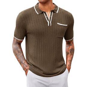 Mens Knitted Polo Shirt Casual Short Sleeve Lightweight Golf Shirts Vintage Pullover Shirts with Pocket