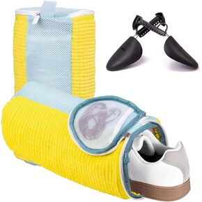Shoe Washing Machine Bag, Fluffy Fibers Keep 360° Wrap-around Cleaning, 1 Pair Adjustable Shoe Trees, Durable Hidden Zipper Reusable Shoe Laundry Bag for Sneaker Shoes (Yellow)