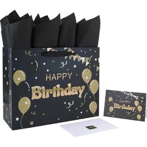 13" Large Black Happy Birthday Gift Bag Set with Handles, Greeting Card, Tissue Papers and Stickers for Women Girls Men Boys, Balloons Design, 1 Pcs