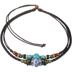 Ancient Tribe Adjustable Hemp Leather Cords Choker Necklace Turquoise Beads