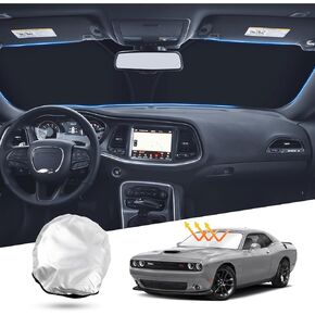 T TGBROS Windshield Sun Shade Custom Fit for 2015-2023 Dodge Challenger Coupe, SRT Hellcat, Redeye, GT, RT, TA Coupe, Widebody, SXT Accessories Sun Shield Reflective Polyester Sun Visor Cover