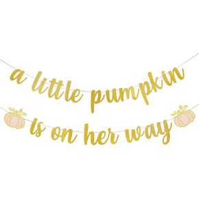 A Little Pumpkin Is On Her Way Banner for Fall Pumpkin Pink Girl Birthday Party Decorations, Thanksgiving Fall Theme Pumpkin Baby Shower Birthday Party Decorations Supplies (Gold & Pink Glitter)