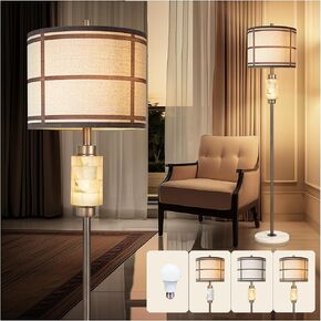 Natural Alabaster Rustic Floor Lamp with Night Light for Living Room,Marble Base Standing Lamp with White Linen Fabric Shade, Warm Gold Finish Tall Lamps for Reading, Bedroom (Bulb Included)
