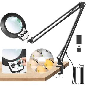 10X Magnifying Glass with Light and Stand, Upgraded Any Color Modes & Stepless Dimming Magnifying Lamp with Clamp, Adjustable Long Arm hands free LED Lighted Magnifier for Craft Repair Workbench