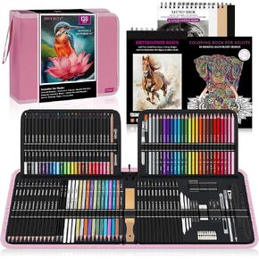 HIFORNY 136 PCS Drawing & Sketching Set,Pro Art Supplies with Graphite,Charcoal,Colored,Watercolor,Metallic Pencils,Blending Tools,Sketchbook,Watercolor Book and Coloring Book in Zipper Case (Black)