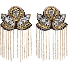 SUPERFINDINGS Shoulder Epaulet Crystal Beads Chain Iron Tassel Epaulettes Retro Rhinestone Shoulder Badges with Pin