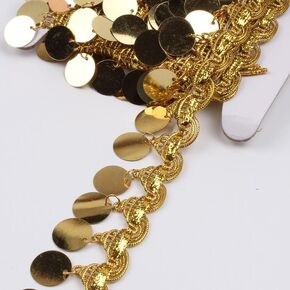 10Yards Coin Shaped Sequin Tassel Trim with Sparkling Circular Sequin Edge Trim Belly Dance Tassel Trim lace Dance Skirt Belt Chain DIY Clothing Sewing Curtain Supplies (Gold)
