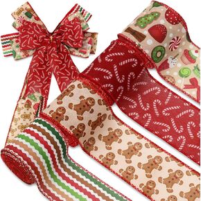 Christmas Wired Edge Ribbons Gingerbread Man Candy Cane Ribbons Xmas Fabric Ribbons for Wreath Bow Making DIY Craft Wrapping, 4 Rolls, 24 Yard