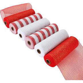 6 Rolls Poly Burlap Mesh 10 Inches Red Deco Ribbon 60 Yards White Mesh Roll Door Wreath Supplies, Poly Burlap Ribbon Mesh for DIY Craft Home Christmas Party Decoration(2White, 2Red, 2Red&White)