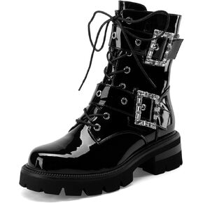 Women's Leather Platform Lug Sole Low Chunky Heel Combat Boots Lace Up Buckles Zipper Fashion Ankle Booties